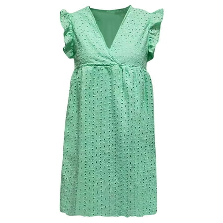 VSSSJ Women s Summer Lace Eyelet Mini Dresses Casual Loose Solid Color V Neck Above Knee Ruffle Cap Sleeve Cute Babydoll Dress