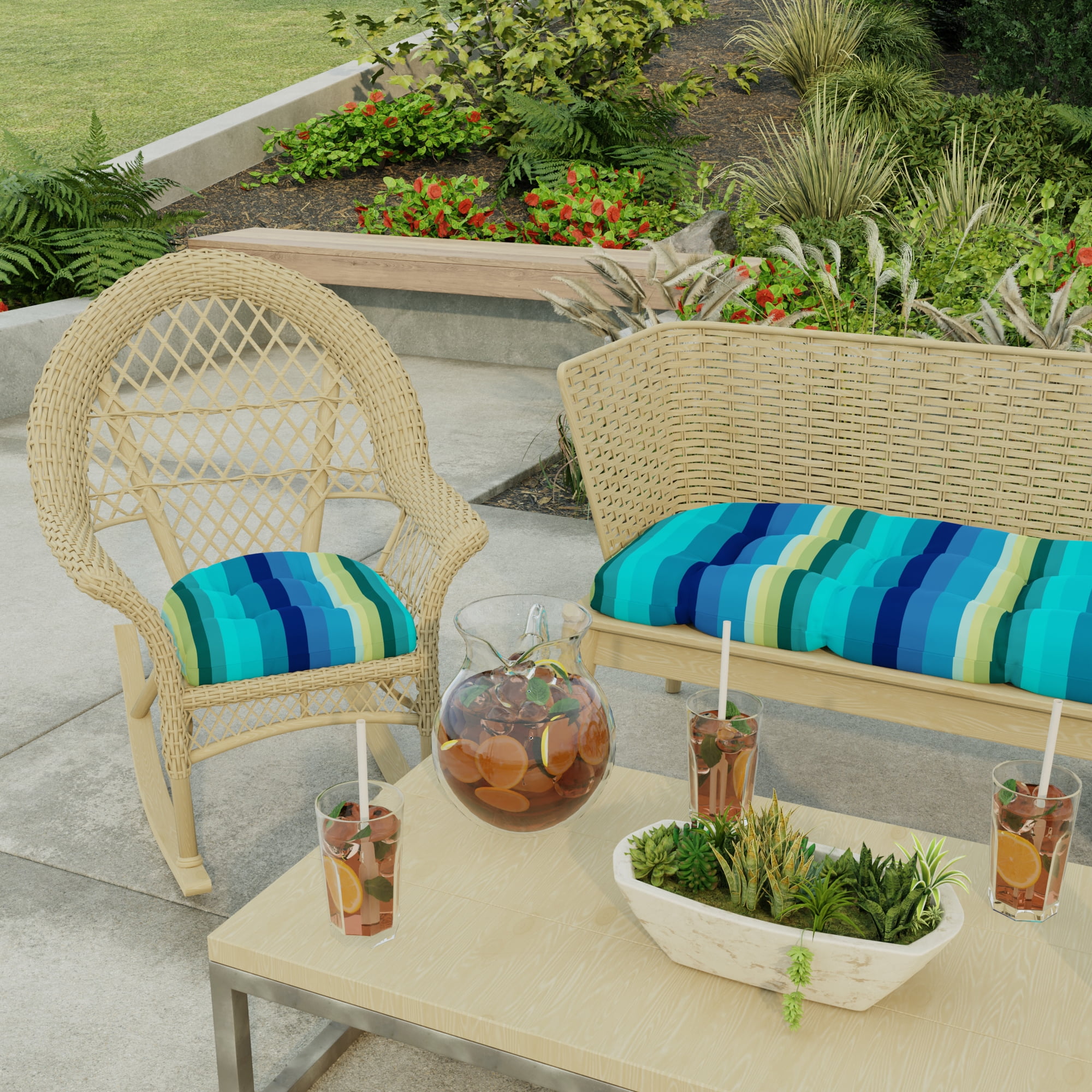 Jordan Manufacturing 19" x 19" Islip Teal Stripe Square Tufted Contoured Outdoor Wicker Seat Cushion (2 Pack)