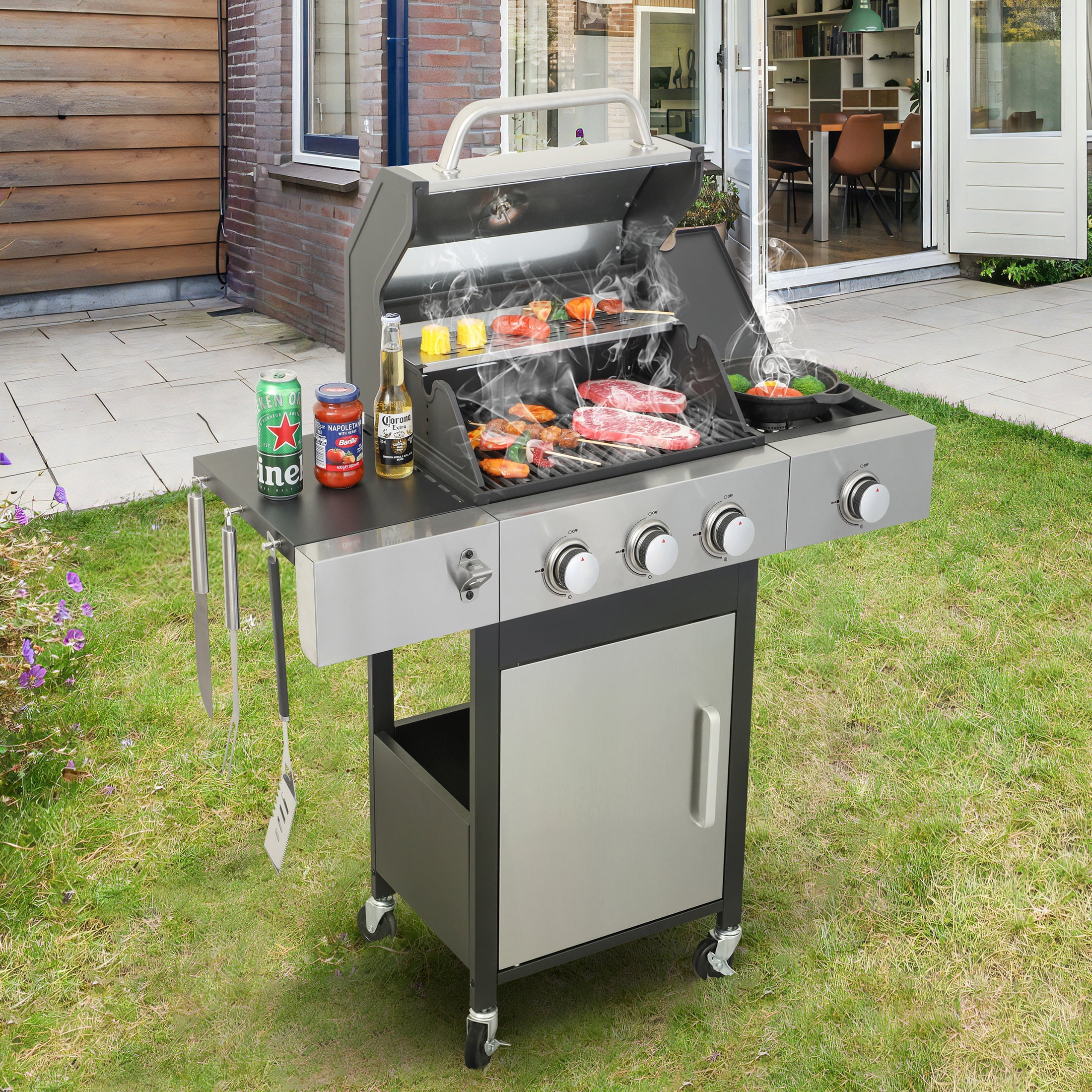Segmart 3 Burner BBQ Propane Gas Grill with Side Burner, Stainless Steel 40,500 BTU Patio Garden Barbecue Grill with Wheels, and Bottle Opener, Perfect for Camping, Outdoor Cooking