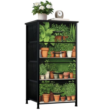Dresser for Bedroom with 4 Storage Drawers Green Botanical Vintage Plants Wood Shelf Cottagecore Potted Plant Dressers Chest of Drawers Steel Framed Fabric Closet Organizers for Entryway