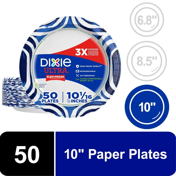 Dixie Ultra Disposable Paper Plates, 10", Multi-Color, 50 Count