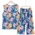 thumbnail image 2 of ZHENHONG Pajamas for Women, Summer Cotton Blouse With No Sleeves Pocketed Three Quarter Length Pants Pajama Set For Two Pieces, Women's Sleepwear Blue, 2 of 5