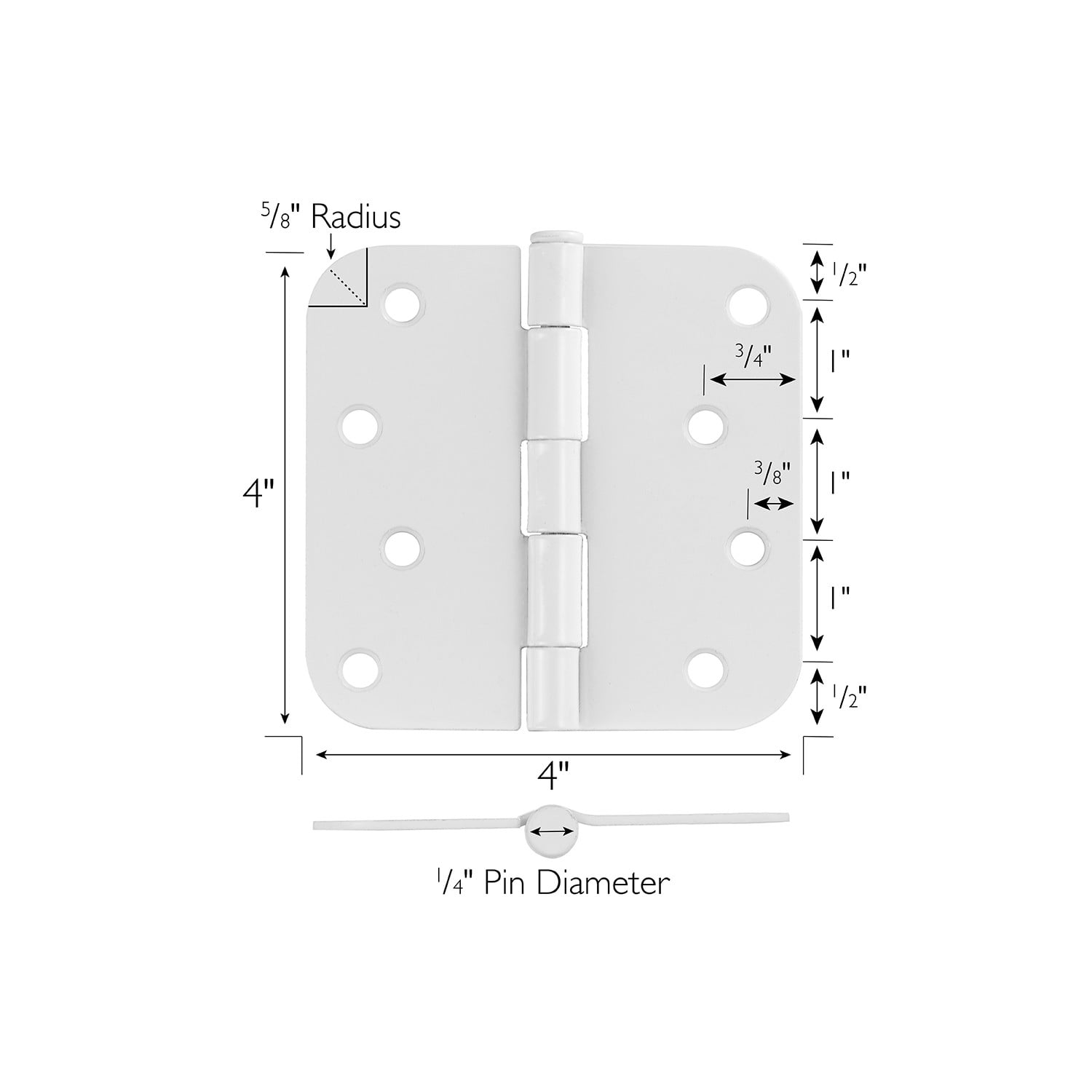 White Steel Plain Bearing Door Hinge with Removable Pin, 4 x 4 in. 5/8 in. Radius, 3-Pack
