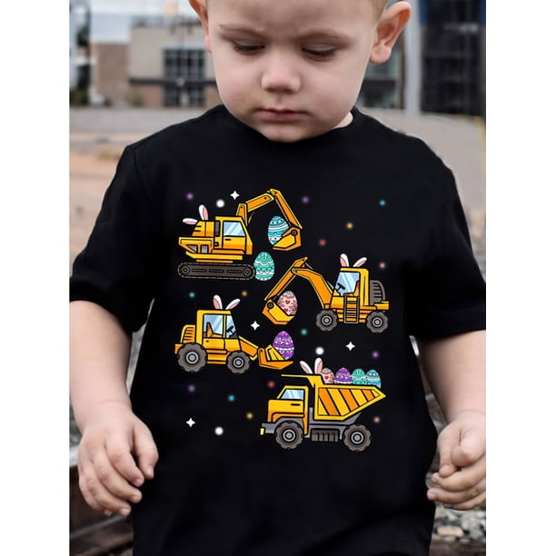 Boys' Easter Excavator & Bulldozer Egg Print T-Shirt - Black Short Sleeve, Cotton, Summer Fashion Tee with Colorful Egg Graphics, Seasonal Youngsters Apparel | Cartoon Vehicle Design | Comfortable Fi