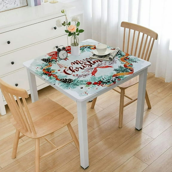 HAOXIT Fitted Square Table Cover, Merry Christmas Wreath , Edge Wipeable Square Table Cover 44''x44''