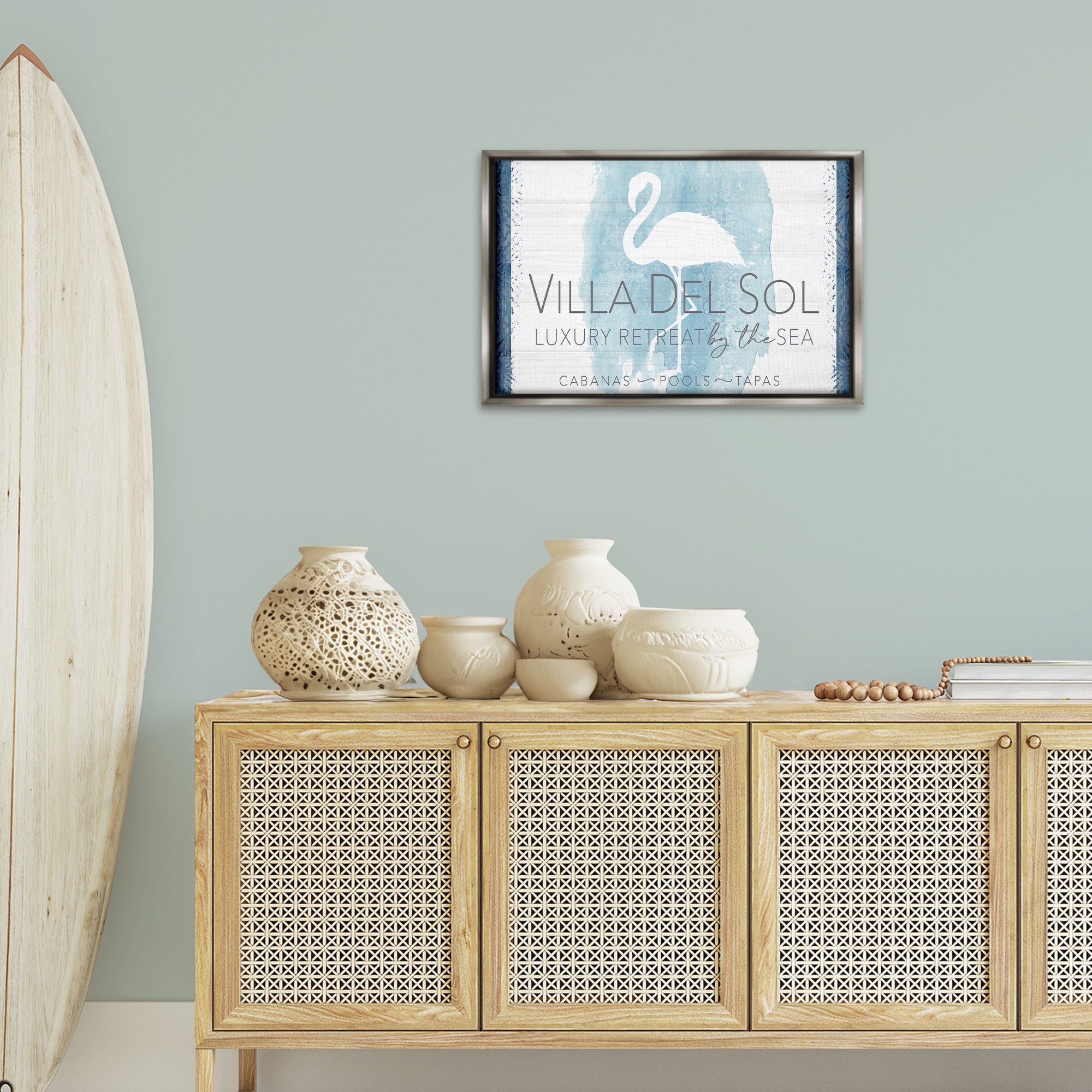 Stupell Industries Beach Retreat Flamingo Sign Nautical & Beach Painting Gray Floater Framed Canvas Art Print Wall Art, 25 x 17