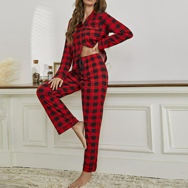 FITORON Womens Pajama Sets- Plaid Loose and Comfortable Plaid Pajamas Home  Service Two-piece Suit Red XL