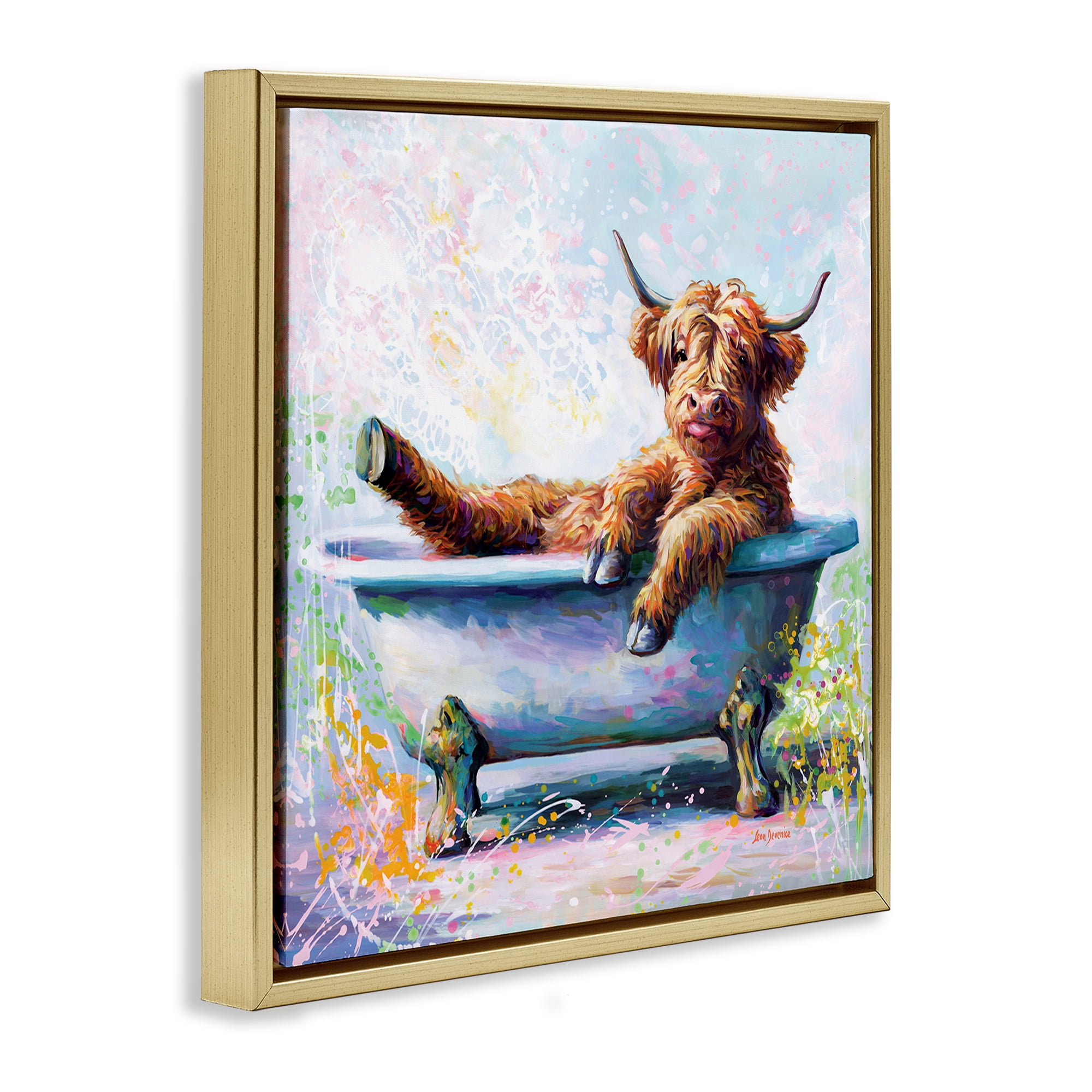 Stupell Industries Splashing Baby Cow Typography Painting Gold Floater Framed Canvas Art Print Wall Art, 25 x 25