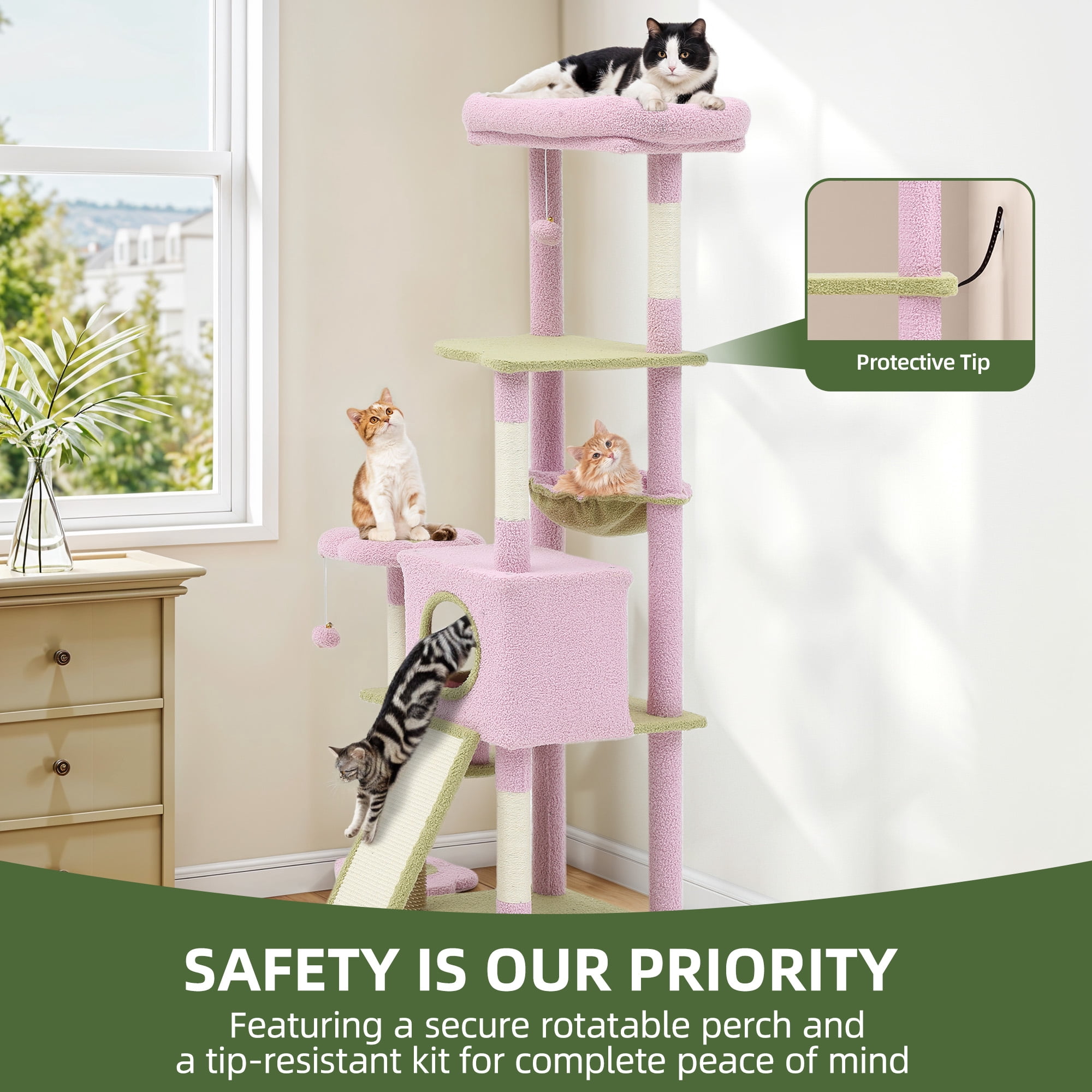 Uforic 61" Flower Cat Tree,Cat Tree Cute with Scratching Posts Tower with 3 Sisal Scratching Posts & Hammock for Medium Indoor Cats, Pink