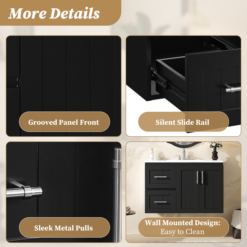 Euroco 36'' Wall Mounted Bathroom Vanity, Floating Bathroom Storage Cabinet with 2 Drawers, 3 Holes Single Ceramic Sink, Modern Cabinet with Adjustable Shelf