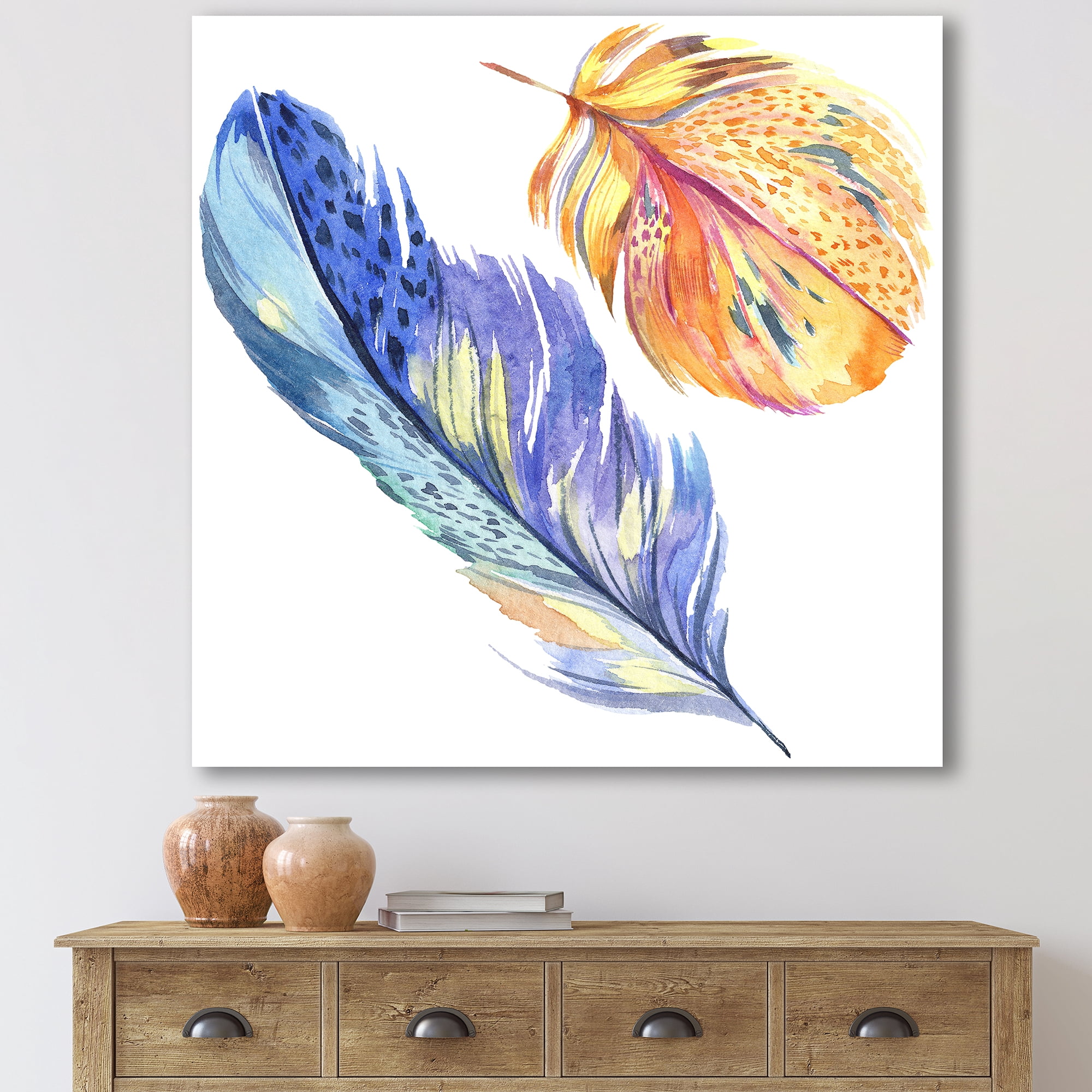 Designart ' Colorful Blue and Golden Bird Feather From Wing ' Bohemian & Eclectic Canvas Wall Art Print