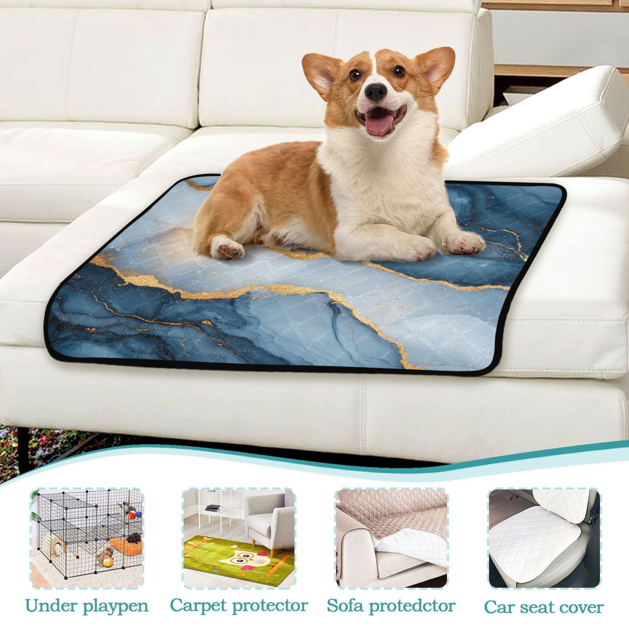 Qxltty Dark Blue Gilt Pattern Cat litter Pads Pet Set of 3 Diaper Mats Center Anti-leakage Layer Absorbent Soft and Comfortable