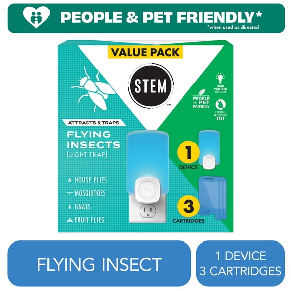 STEM Light Trap, Attracts and Traps Flying Insects, Emits Soft Blue Light, [Includes Starter Kit with 1 Light Trap and 3 Cartridges]