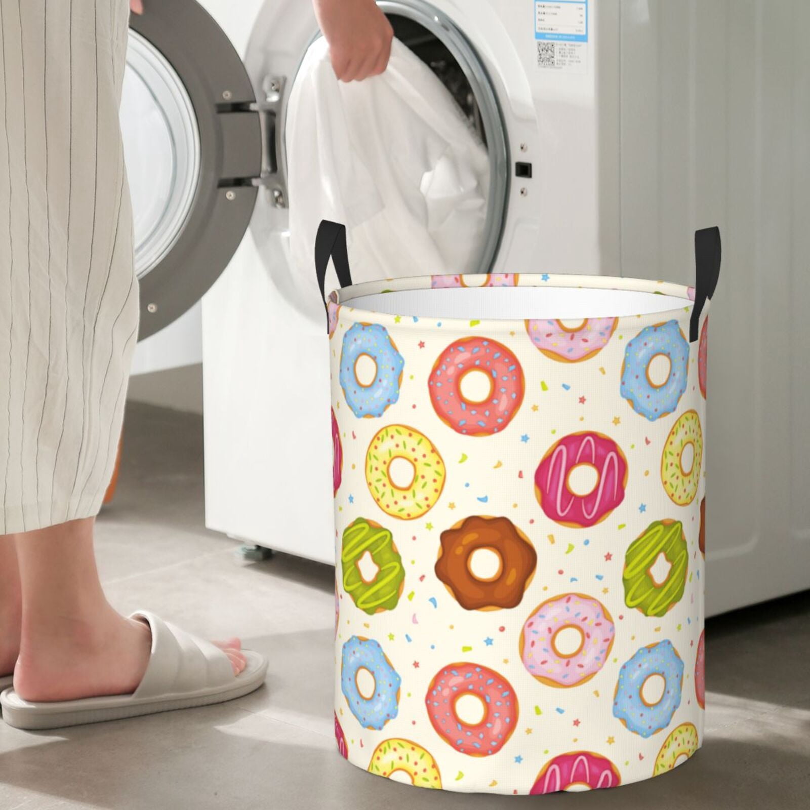 Large Laundry Basket with Handles - Donut Print No.9049 Kids Baby Dirty Clothes Laundry Hamper for Bedroom Aesthetic