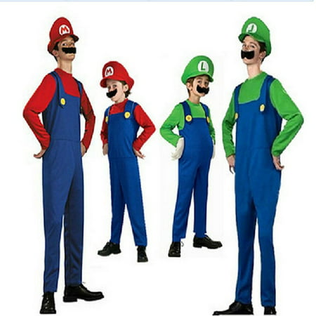 Adult Kids Super Mario Costume Luigi Bros Plumber Brothers Fancy Dress