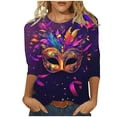 thumbnail image 2 of successthop Mardi Gras Womens Plus Size Tops 3/4 Sleeve Loose Crew Neck Polyester Casual Mask Printed Mardi Gras Celebrations Blouse Tops for Mardi Gras Event Purple M, 2 of 5