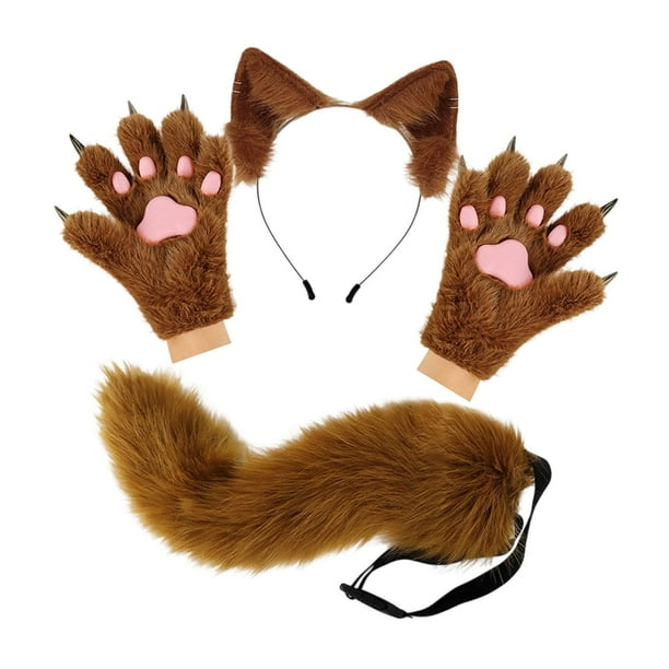 Conjunto de diadema con orejas de animal y guantes de cola para disfrazarse de una hermosa cola larga para fiestas temáticas. Marrón