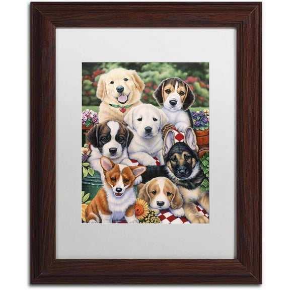 Trademark Fine Art 'Garden Puppies' Canvas Art by Jenny Newland, White Matte, Wood Frame
