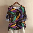 thumbnail image 2 of Mardi Gras Shirts Womens Feathers Print Sequins Short Sleeve Graphic Tee Mask Print Crew Neck Gold Blouse Blue S, 2 of 4