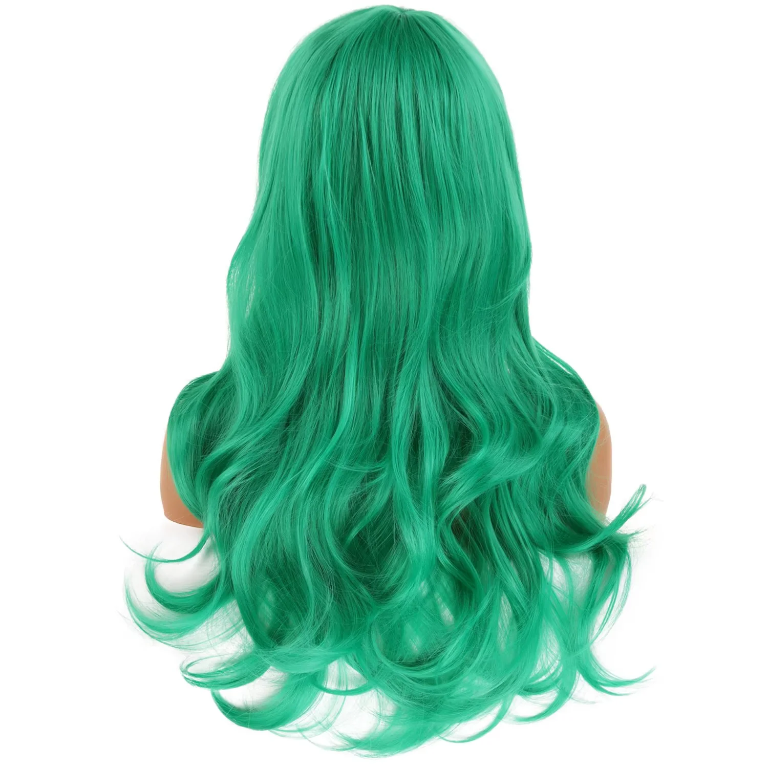 RightOn 26 Inches Dark Green Wig With Bangs Long Wavy Wig for Women Daily Use