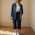 thumbnail image 2 of Two Piece Sets For Women Summer Long Sleeve Button Up Collared Shirt And Drawstring Capris Outfits Fall Winter Loungewear Dark Blue L, 2 of 5