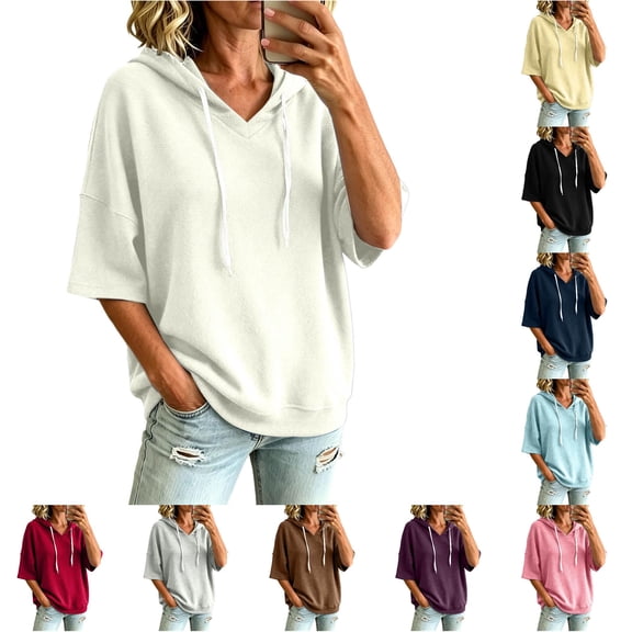 Bigetiay Hoodie Women Relaxed Fit Short Sleeve Hooded Sweatshirt for Summer V Neck Pullover Top Women Sweatshirt White Hoodie Women, Size S