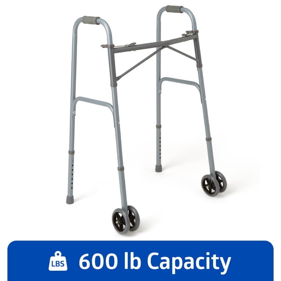 Medline Heavy Duty Bariatric Extra Wide Folding Walker wtih 5" Wheels, Supports up to 600 lbs, Comfort Foam Hand Grips