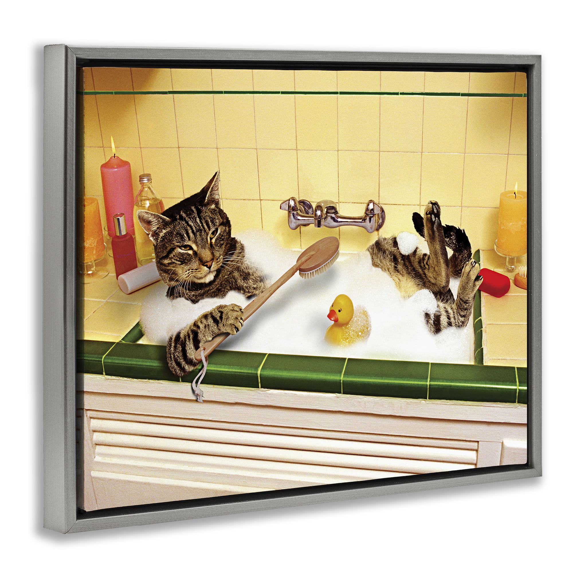Stupell Industries Cat Bathing in Tub Typography Painting Gray Floater Framed Canvas Art Print Wall Art, 31 x 25