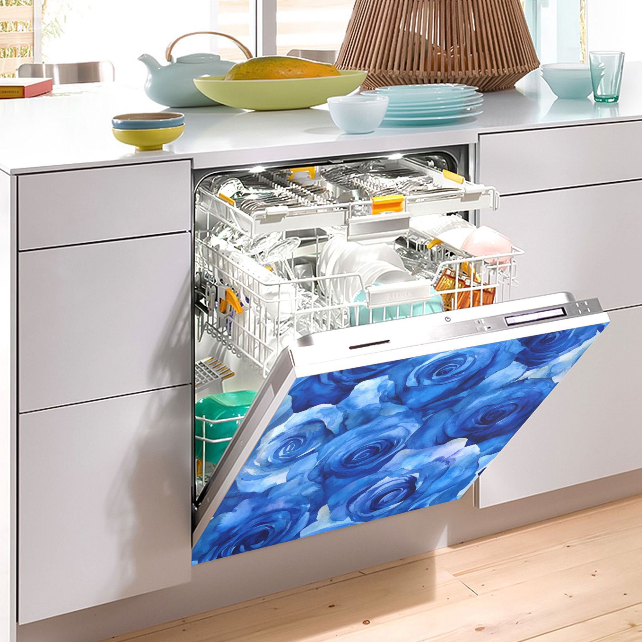 Dishwasher Magnetic Sticker 23x26 Inch Refrigerator Magnetic Sticker Washing Machine Magnetic Sticker Kitchen Panel Magnetic Sticker Home Decor Cartoon Blue Roses