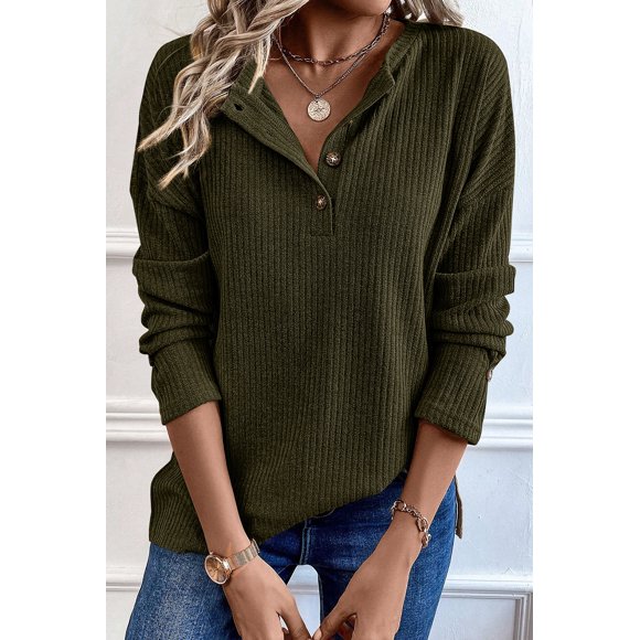 FOLUNSI Jungle Green Henley Knit: Eco-Friendly, Comfort-Fit Top