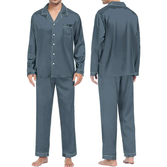 Alitao Womens Pajama Sets Lounge Sets Men's Casual Pyjamas Long Sleeve Blouse Button Silk Satin Two Piece Sleepwear Suit Pant Pyjama Silk Pajamas Two Piece Sets Gray 5XL