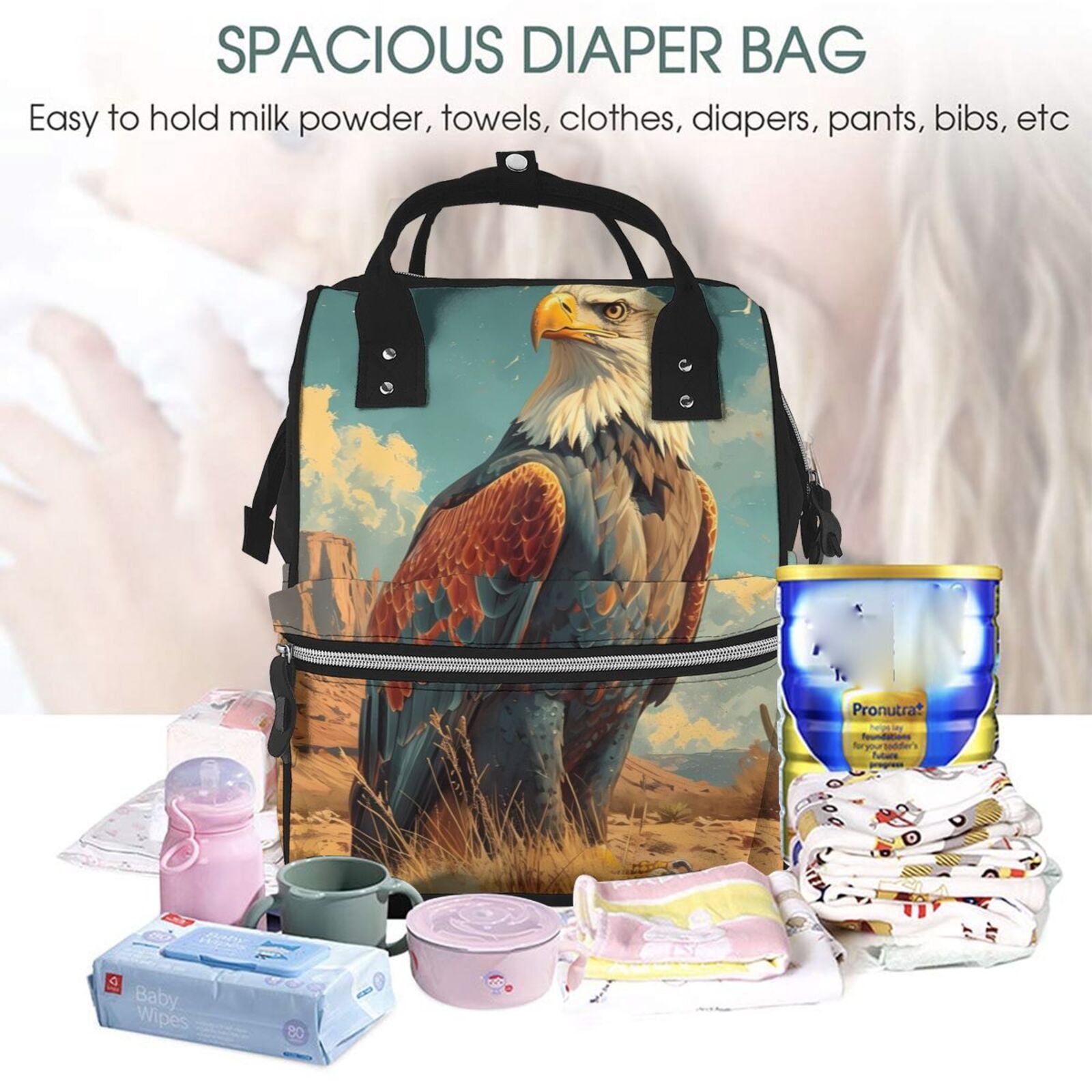 Fuzoiu Western Desert Cactus Bald Eagle Print Diaper Bag Backpack,Baby Essentials Travel Tote,Multi function Waterproof Diaper Bag, Travel Essentials Baby Bag - Unisex