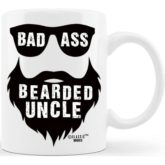 Bad Ass Bearded Uncle Gift Funny Beard Coffee Mug for New Uncle Tio Brother Humorous Prank Joke Gag Gift from Niece Nephew Sister Mom Dad Novelty Gag Gift for Christmas Birthday Tea Cup