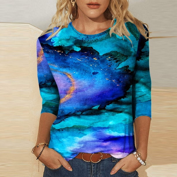 ICHUANYI Clearance Women's Fashion Printed T-shirt Mid-length 3/4 Sleeves Blouse Round Neck Casual Tops(Blue, S) ICHUANYI WER2023080803761