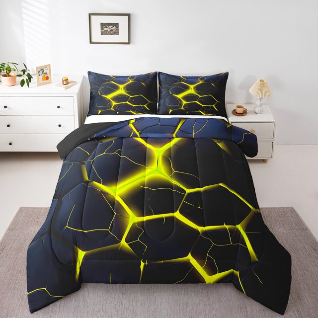 Ensemble de Literie à Imprimé Nid d'Abeilles Jaune 3 Pcs, Ensembles de Couette Géométriques Ruche Format Très Grand, Ensembles de Literie Géométrie Abstraite Couette Douce Réversible Insert de Couette Décor Rayures Noires Courtepointe pour Garçons Filles