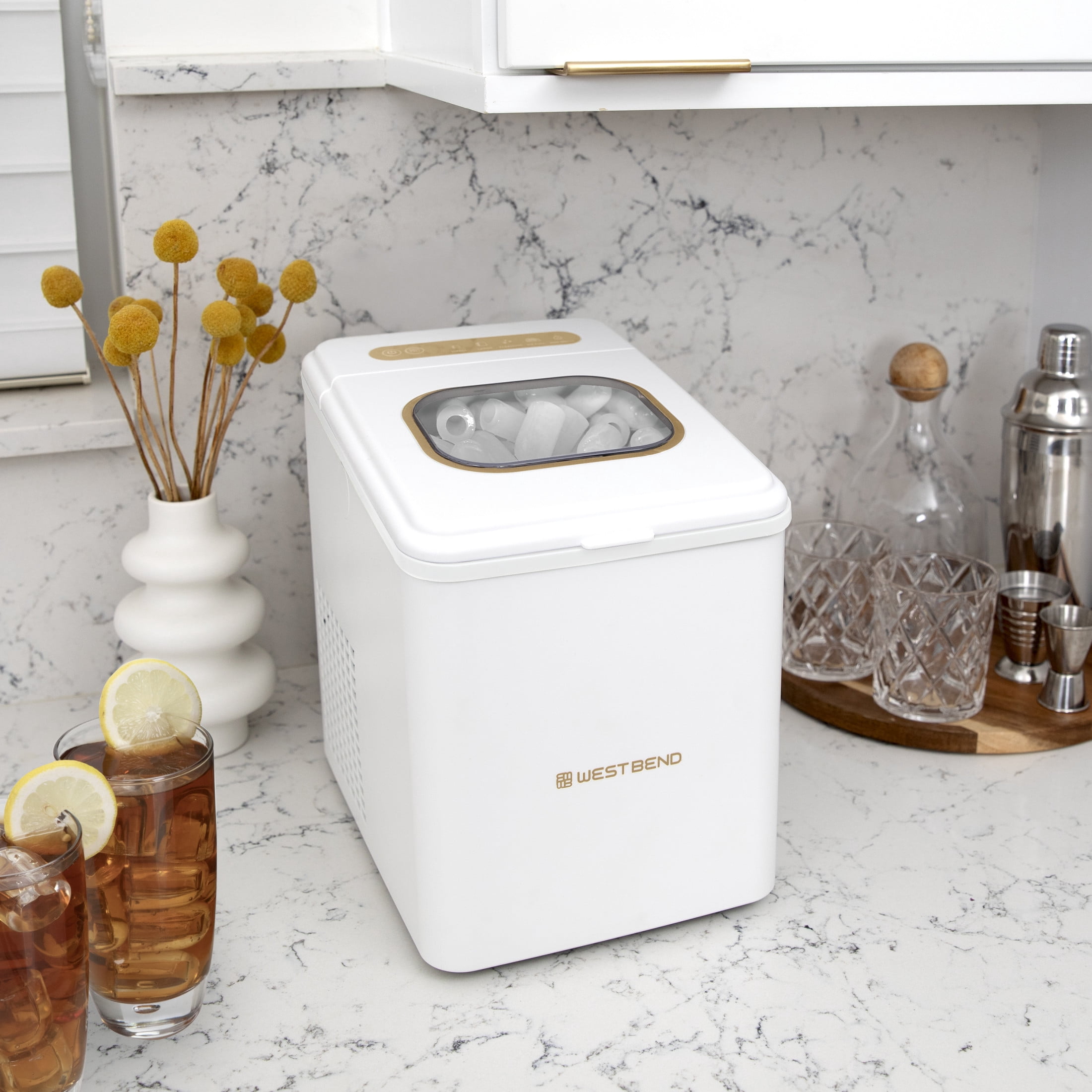 West Bend Timeless 26lb. Countertop Bullet Ice Maker in White and Gold (WBIM2625WG)