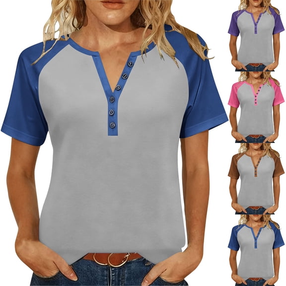VBVC No Boundarie Women's Plus Color Block T-Shirts,Ladies Button-Down Basic Tees,V-Neck Short Sleeve Tops For Women,Brown,S-5XL