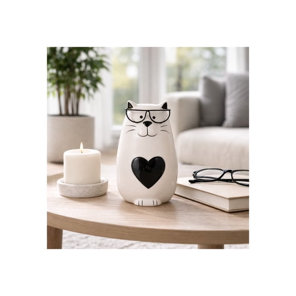 Sophisticated Cat Figurine for Home Decor - Stoneware Sculpture with Glasses for Bathroom, Office, Room, Living Room, and Shelf Display - Boho Ceramic Ornament for Coffee Table - 6", Black & White