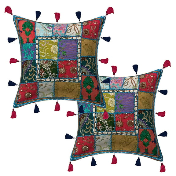 Stylo Culture Ethnic Settee Sofa Throw Pillow Covers Patchwork 16x16 Embroidered Cowrie Turquoise Boho Hippy 40cm x 40cm Living Room Cotton Sea Shell Tassels Square Cushion Covers | Set Of 2