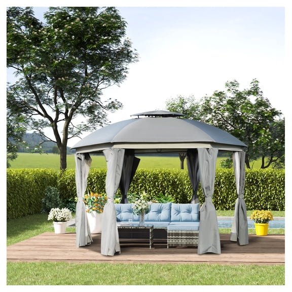 12' Round Outdoor Gazebo Patio Canopy Shelter with Netting & Curtains - Steel Frame