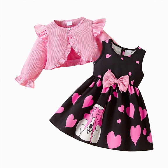 KPOPLK Toddler Girls Dress with Cardigan Set Little Girl Floral Sleeveless Dress Ruffle Coat Baby Long Sleeve Outfit(Pink&2,2-3 Years)