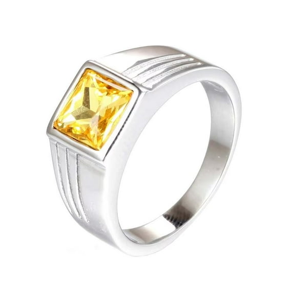 PAURO Men's Stainless Steel Vintage Square Agate Stone Signet Ring Silver Plated, Yellow Stone Size 7