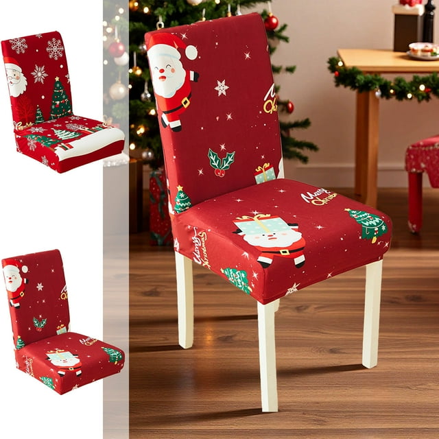 Housses de Chaise de Noël Élastiques avec Bande Antidérapante - Housses de Chaise de Salle à Manger Imprimées Rouges pour Décoration et Protection des Fêtes