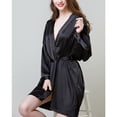 thumbnail image 3 of Camisón negro de seda de manga larga con cinturón ajustable y sexy para mujer - Talla L, 3 of 6