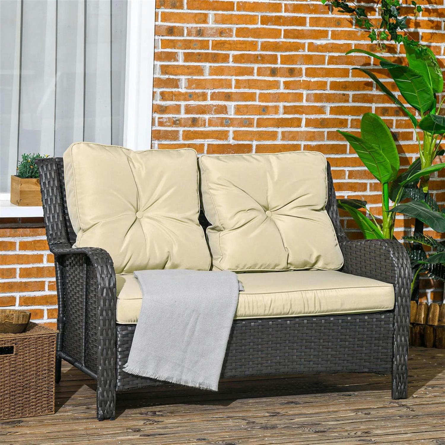Demi Bonn 2-Person Outdoor Sofa with 4" Thick Cushions, Wicker Patio Couch with Comfortable Seating, Weatherproof Design, Beige