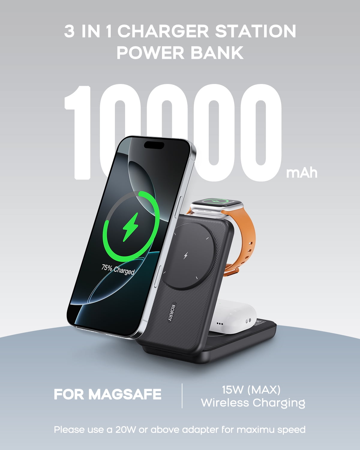 RORRY Magnetic Portable Chrager , 10000mAh Power Bank 3-in-1  Wireless Charger, Foldable Battery Pack for iPhone, Apple Watch, AirPods, Samsung,Black
