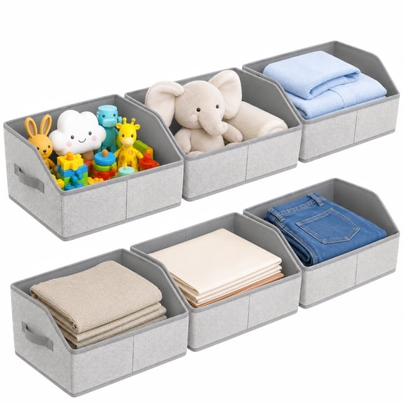 Aokeyee Closet Organizers Bins,6 Packs Collapsible Closet Organizers and Storage with Handles, Trapezoid Shelf Organization Storage Cubes for Purse, Toys, Books, Towel, Socks, Gray