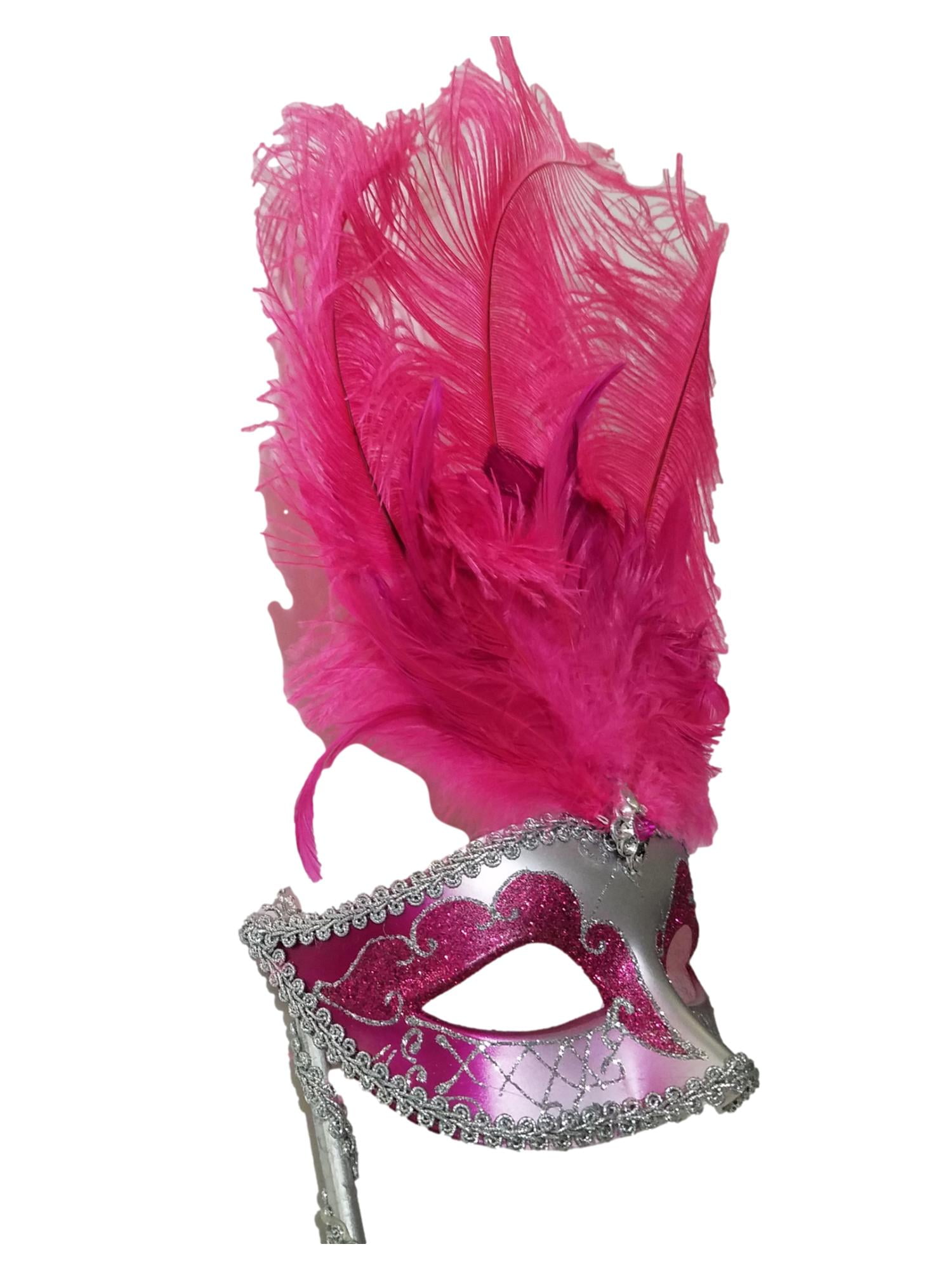 Holding Stick Party Mask | Feather Masquerade Mask Silver Hot Pink M6131