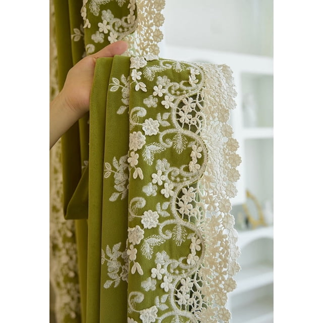 French Lace Green Velvet Luxury Curtains for Living Room Bedroom Dining Retro Blackout Tulle Window Blackout Embroidered Window