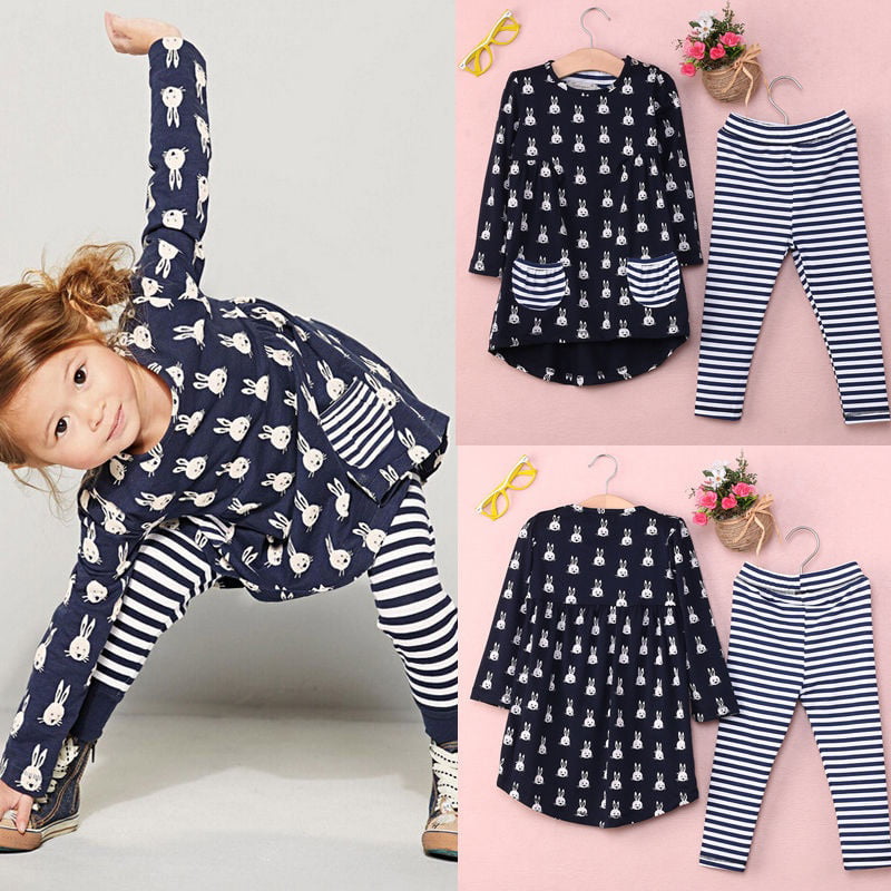 Toddler Kids Baby Girls Dots Print Clothes Bow Top T-shirt Pants Outfits Set 